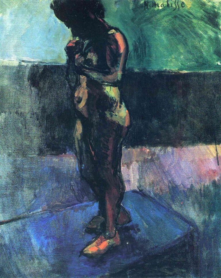A standing nude on a blue-violet platform in a shallow studio with teal walls; the figure is modeled in dark greens and violets with a bowed head and clasped hands, and wears small red shoes that punctuate the base, all outlined by strong, painterly contours.