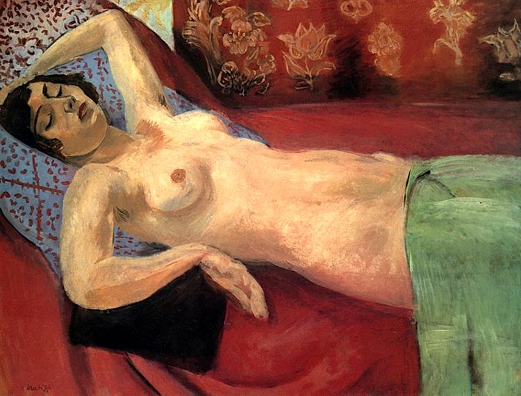 Reclining nude woman on red bedding, head resting on a pillow, eyes closed; pale skin modeled softly, floral patterned backdrop, and a green shawl draped over her hip; intimate Nice-period interior painted in warm reds and cool greens.