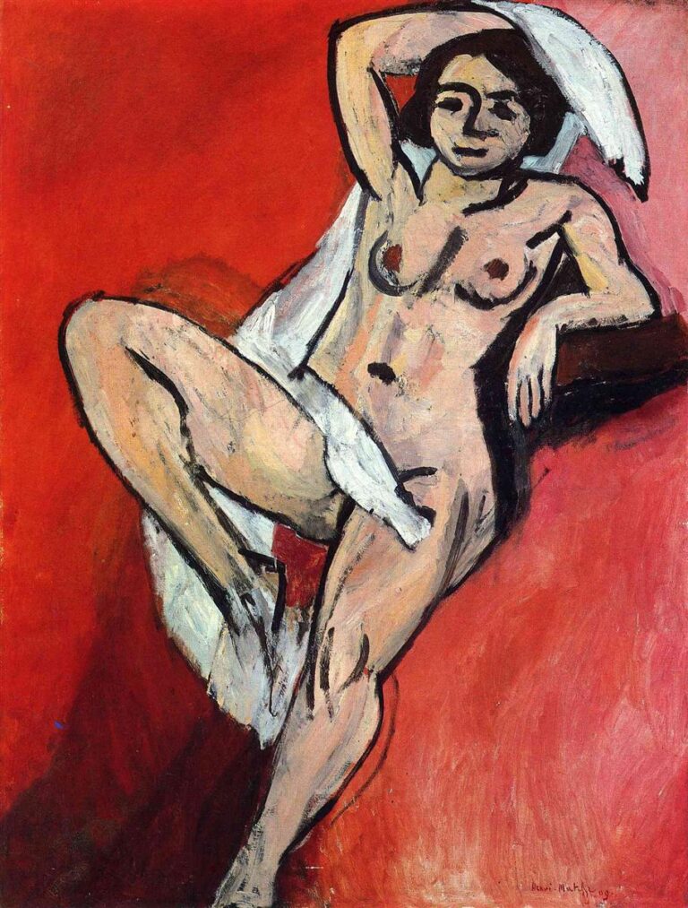 Reclining nude outlined in bold dark strokes rests against a saturated red background; a pale white scarf arcs over her head and crosses hip and thigh, while simplified planes of warm flesh and a small dark platform anchor the pose in Henri Matisse’s 1909 “Nude with a Scarf.”