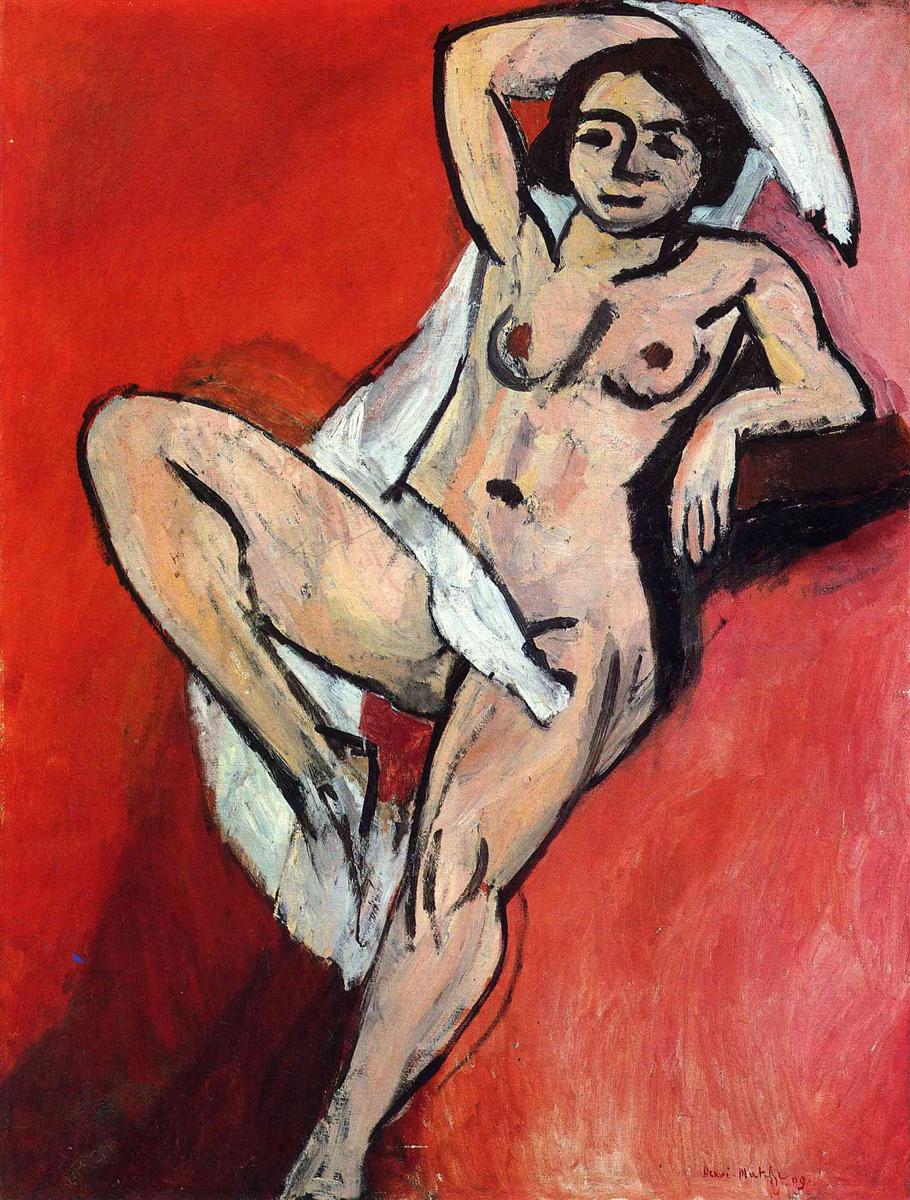 Reclining nude outlined in bold dark strokes rests against a saturated red background; a pale white scarf arcs over her head and crosses hip and thigh, while simplified planes of warm flesh and a small dark platform anchor the pose in Henri Matisse’s 1909 “Nude with a Scarf.”