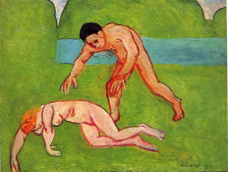 Two simplified nude figures in a bright green meadow before a narrow blue river and rounded hills; a pale, orange-haired nymph reclines diagonally at the left while a darker satyr leans toward her from the right, both outlined by red contours in Henri Matisse’s 1909 “Nymph and Satyr.”