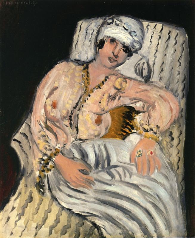 Reclining female figure by Henri Matisse wearing a white turban and gauzy blouse on a wavy-striped chaise; warm flesh tones, ochre sash, and pearl-gray skirt contrast with a deep black background; bold black lines and lively brushstrokes merge pattern and body into a calm, modern design.