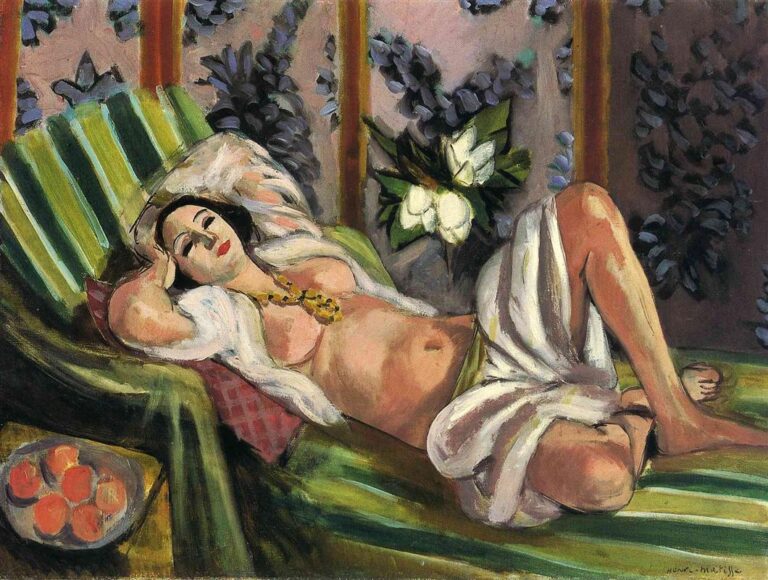 Reclining woman on a green-striped couch, loosely draped in white, with patterned wall panels and a large white flower behind her and a bowl of oranges at lower left; interior by Henri Matisse, 1926.