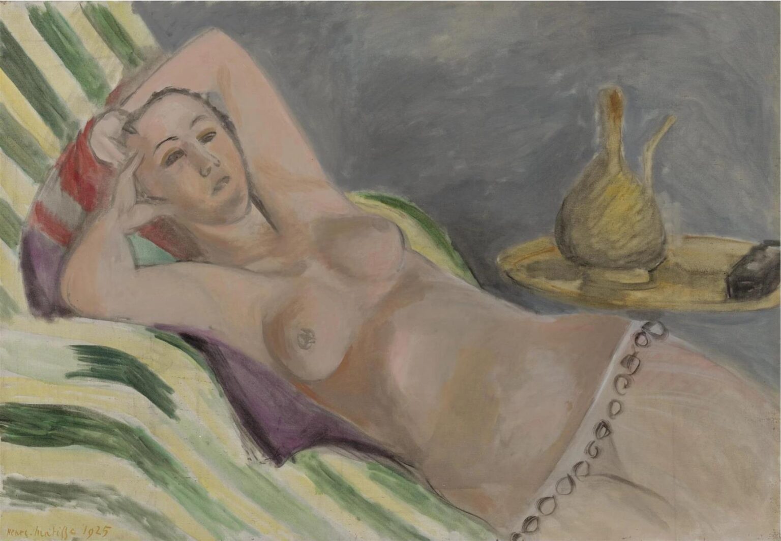 A reclining nude woman on a green-yellow striped chaise, arms behind her head, set against a soft gray background with a yellow tray and pear-shaped vessel at right, painted by Henri Matisse in 1925.