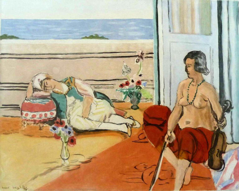 An open terrace with the sea beyond; at left a reclining odalisque sleeps on patterned cushions, while at right a seated woman with a green necklace holds a violin and bow; warm coral carpet, pale terrace, and cool blue sea create a balanced, sunlit scene with small flower vases between the figures.
