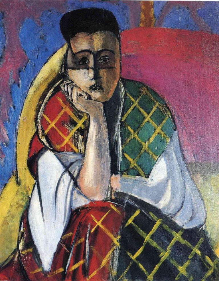 Seated woman with chin on hand before flat blue and magenta panels; yellow chair arc behind, face partly darkened like a mask; garment in green, red, and black with yellow diamond lattice; gray-and-white sleeves and lower clothing; Henri Matisse, 1927.