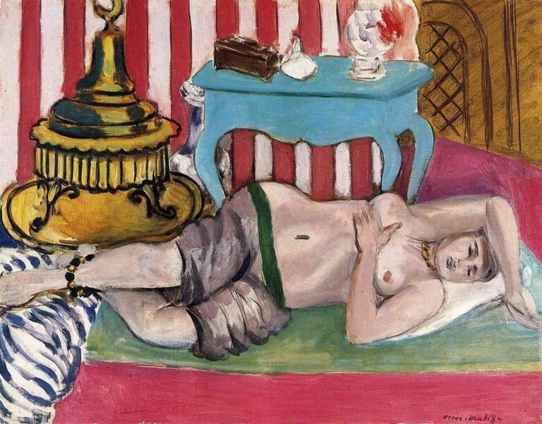Reclining woman on a green ground before red-and-white stripes, with a turquoise table of small objects and a large gilded brazier at left; simplified flesh tones, decorative patterns, and shallow space characteristic of Matisse, 1926.