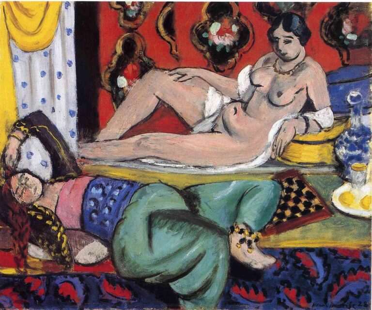 Interior with two odalisques: one nude reclining on a yellow cushion against a red ornamental wall, the other in turquoise trousers lying on a patterned carpet; yellow curtain and dotted screen at left; blue glass ewer, small glass, and lemons at right; red-framed chessboard tilted at center; Henri Matisse, 1928.