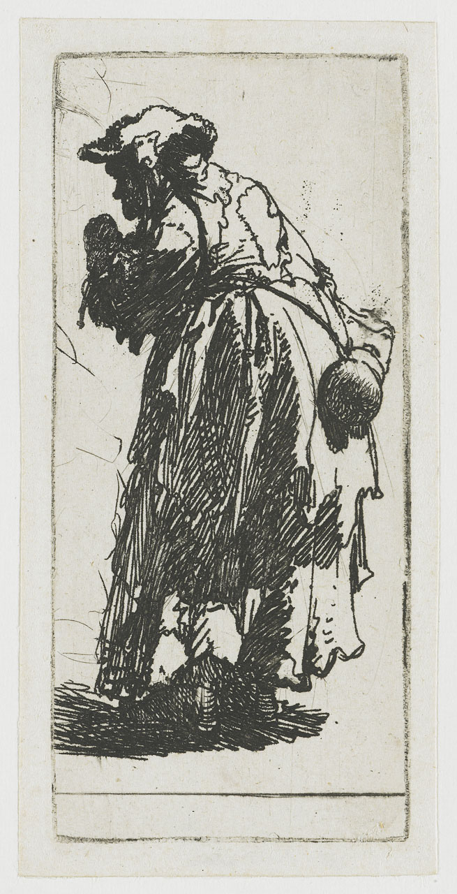 Small etching of an elderly beggar woman in profile, bundled in patched garments with a round gourd hanging from a strap at her side; dense hatching shapes her figure against a largely blank background as she leans forward in motion.