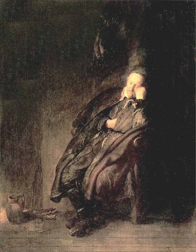 An elderly man dozes in a deep armchair by a faint hearth, his cheek resting on his hand as warm firelight softly illuminates his face, cloak, and hands against a dark, shadowed interior.