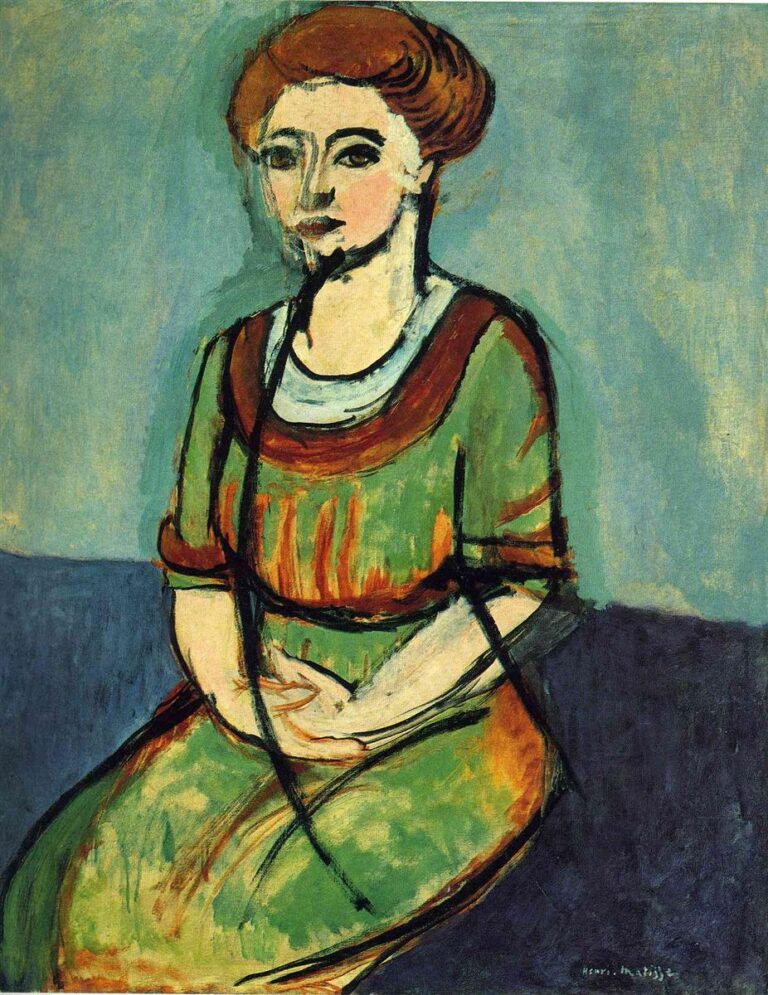 Seated woman with auburn hair and a green dress outlined in bold dark strokes, hands interlaced in her lap, set against a teal wall above a darker blue band; warm collar and hair contrast with cool background in Henri Matisse’s 1910 “Olga Merson.”