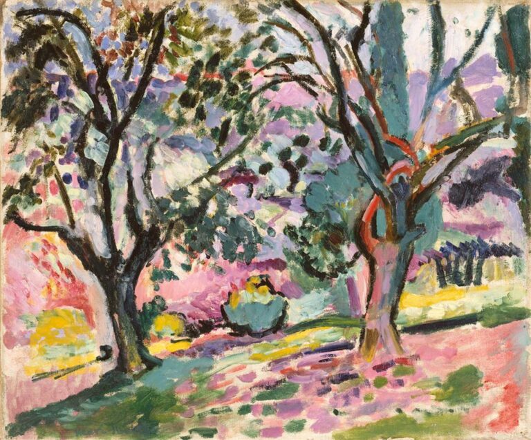 Fauvist landscape of two olive trees framing a sunlit clearing; dark, twisting trunks rise into a canopy of green, teal, lilac, and blue dabs; the ground is pink, yellow, and mint patches with cool shadows; distant trees and shrubs sit in soft violets under a bright, flickering sky (Henri Matisse, 1906).