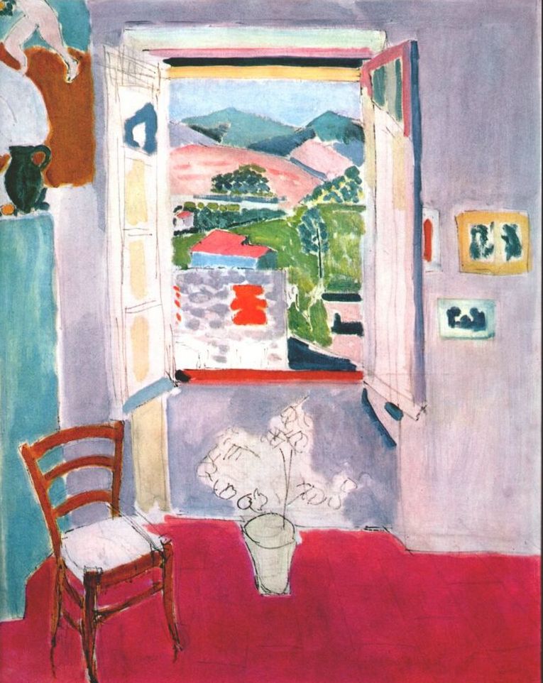 Interior with red floor, lavender-gray walls, and a wooden chair at left; open white shutters reveal a bright landscape of blue-green hills, pink fields, and a coral roof; a small potted plant sits below the sill and two framed pictures hang on the right wall in Henri Matisse’s 1910 “Open Window at Collioure.”
