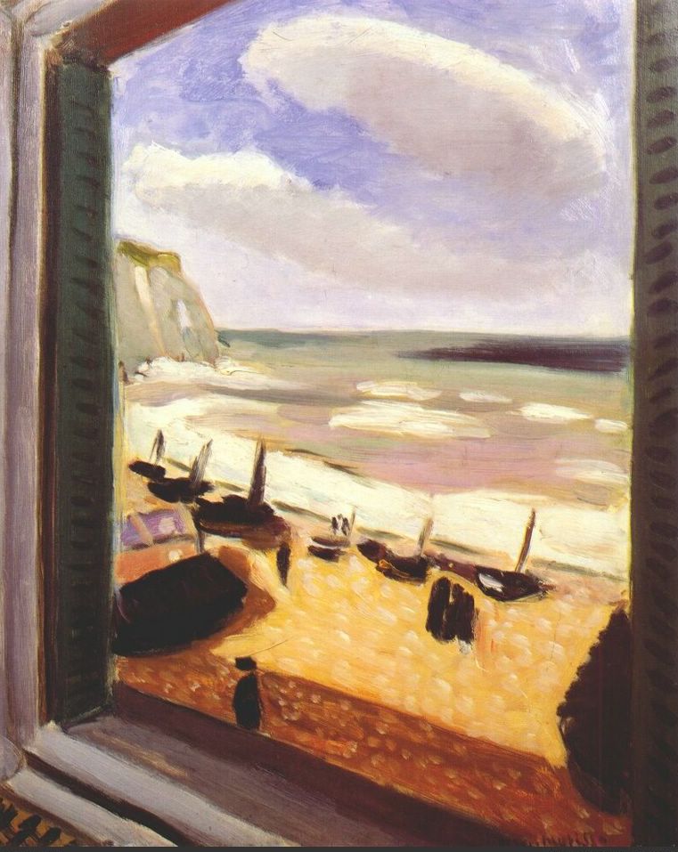 A view from inside a room through an open window onto the beach at Etretat, with small dark boats on warm orange sand, green sea with white foam, distant cliffs at left, and a broad cloud in a lavender blue sky; painted in simplified strokes and framed by dark window edges.