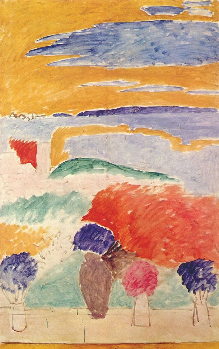 A 1913 Matisse painting showing a terrace ledge with five simple vases and bouquet-like shrubs in violet, pink, and blue, opening to a stylized landscape of red-orange foliage, green and blue sea bands, distant headlands, and a wide ocher sky streaked with lavender clouds.