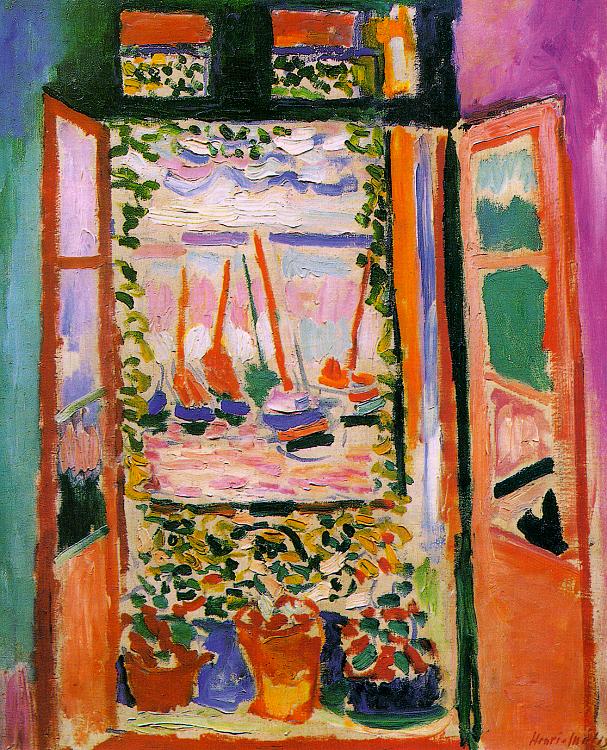 A Fauvist interior view by Henri Matisse of a tall window flung open to a pink-and-blue harbor with small boats, framed by orange shutters, dark jambs, green vines, and a row of potted plants on the sill, painted with bright, blocky strokes and visible canvas glints.