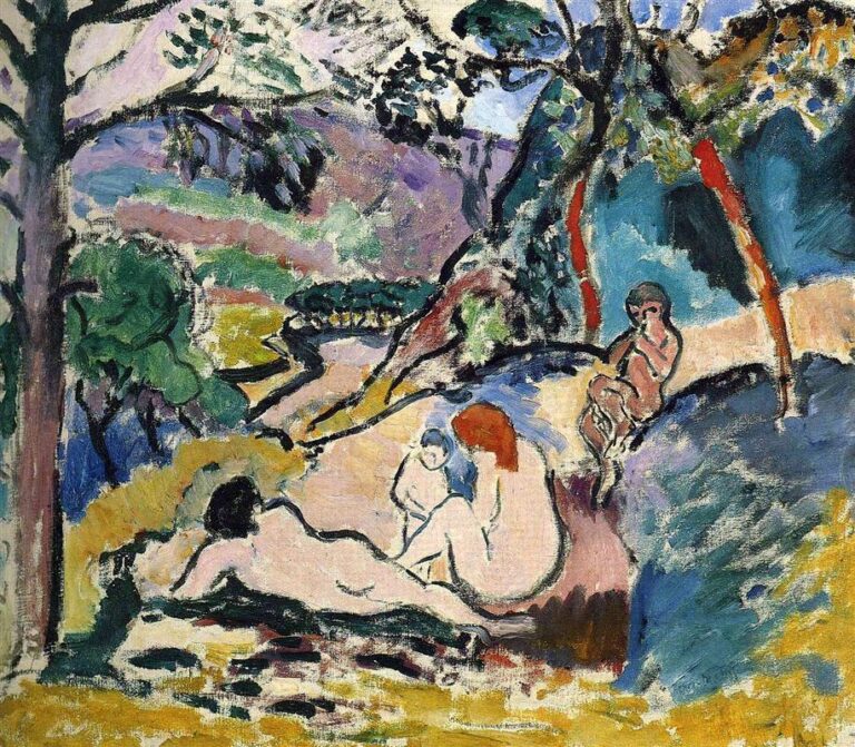 Henri Matisse’s “Pastoral” shows four nudes in a hilly grove painted with high-key color: lilac and turquoise slopes, red-banded tree trunks, dark green foliage, and strong black contours, with a pale path winding through the valley under a patchwork canopy of sky and leaves.