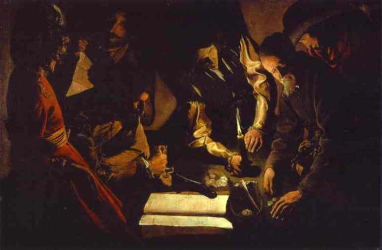 A nocturnal interior shows several men bent around a candlelit ledger as coins are counted and recorded; sleeves glow in the warm light, faces emerge from darkness, and hands exchange money across the open book.