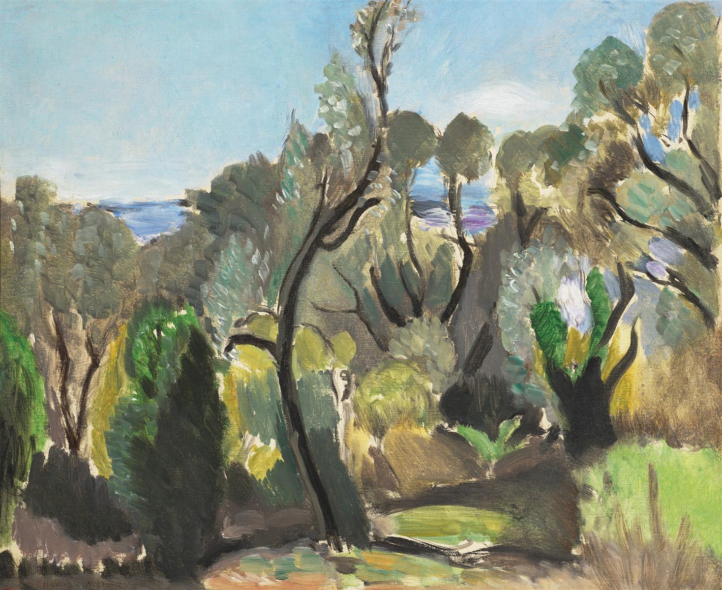 A sunlit Mediterranean grove painted by Henri Matisse in 1918: dark, calligraphic tree trunks, silvery and green foliage, ochre paths, and a small slice of blue sea under a clear sky, rendered with lively brushstrokes and a restrained, luminous palette.