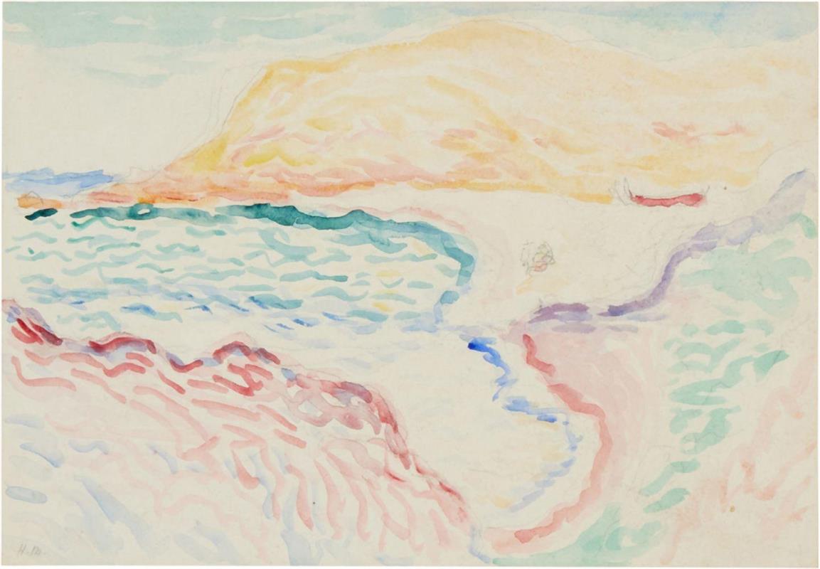 Watercolor-like coastal view by Henri Matisse showing an apricot headland above a turquoise bay, pink and lavender shorelines formed by curving strokes, rippling blue marks for water, and large untouched areas of white paper that read as dazzling beach and sky.