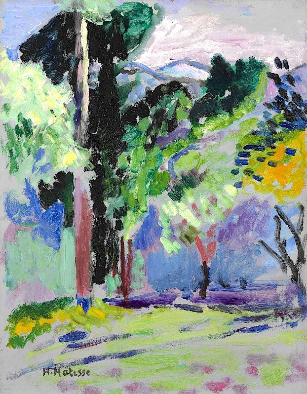A vertical Fauvist landscape by Henri Matisse showing a tall black tree trunk on the left, bright green and yellow foliage, lavender and blue shadows on a pale grassy ground, and a light sky, all painted with thick, lively strokes.