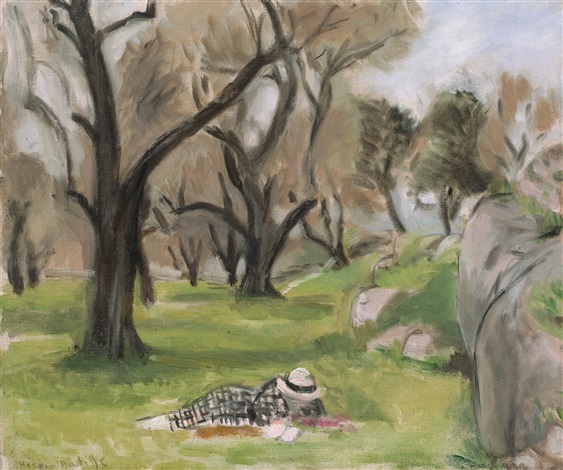 A serene Mediterranean grove with pale green grass, slender trees with silvery leaves, scattered rocks at right, and a figure in a patterned dress and hat reclining on the ground; soft brushwork and muted greens and grays create a calm spring light.