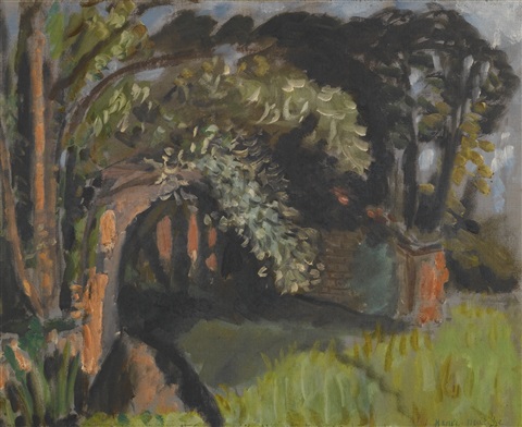 Dark, atmospheric landscape by Henri Matisse (1918) featuring a bent stone arch at left, dense leafy canopy over a shadowed grove, a hint of wall or steps in the middle distance, and bright grass at lower right under a cool gray sky, painted with visible brushstrokes and a restrained palette.