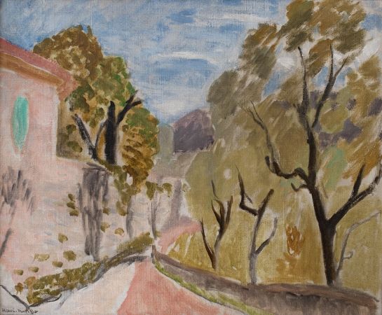 Curving pink road beside a garden wall and stucco house with a mint-green window; olive-green trees with dark calligraphic trunks, a mauve mountain in the distance, and a softly brushed blue sky—Henri Matisse’s 1918 “Landscape.”