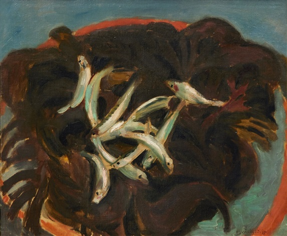A Complete Analysis of “Smelts” by Henri Matisse. Overhead view of small silvery smelts gathered on a dark brown surface within a reddish circular rim, surrounded by cool blue background; loose, expressive brushstrokes and limited palette, 1920.