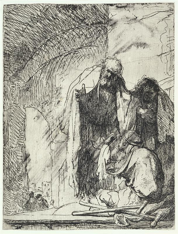 Small etching of two apostles standing beneath a large Temple arch as they address a lame beggar seated on the steps; sweeping hatch creates a vaulted shadow, gestures converge over the man’s outstretched hand, and distant figures move through a narrow opening at left.
