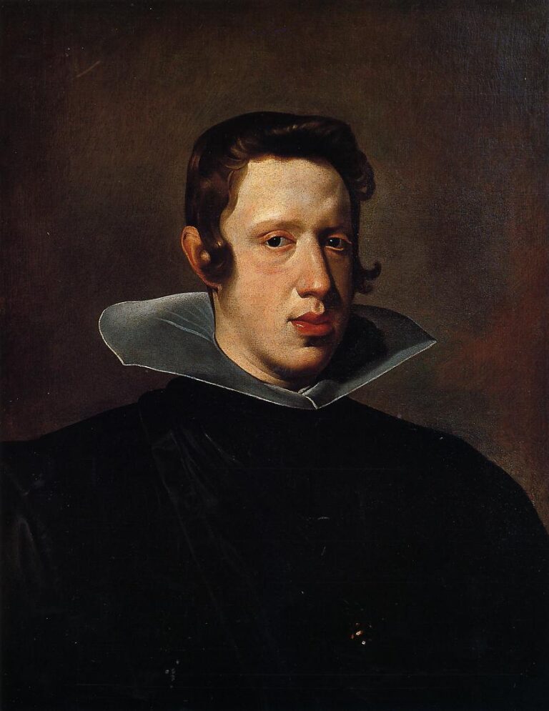 Bust-length three-quarter portrait of the young Philip IV in a dark garment with a high, angular white collar, his head turned toward left and lit from that side against a warm brown background; painted by Diego Velazquez in 1624.