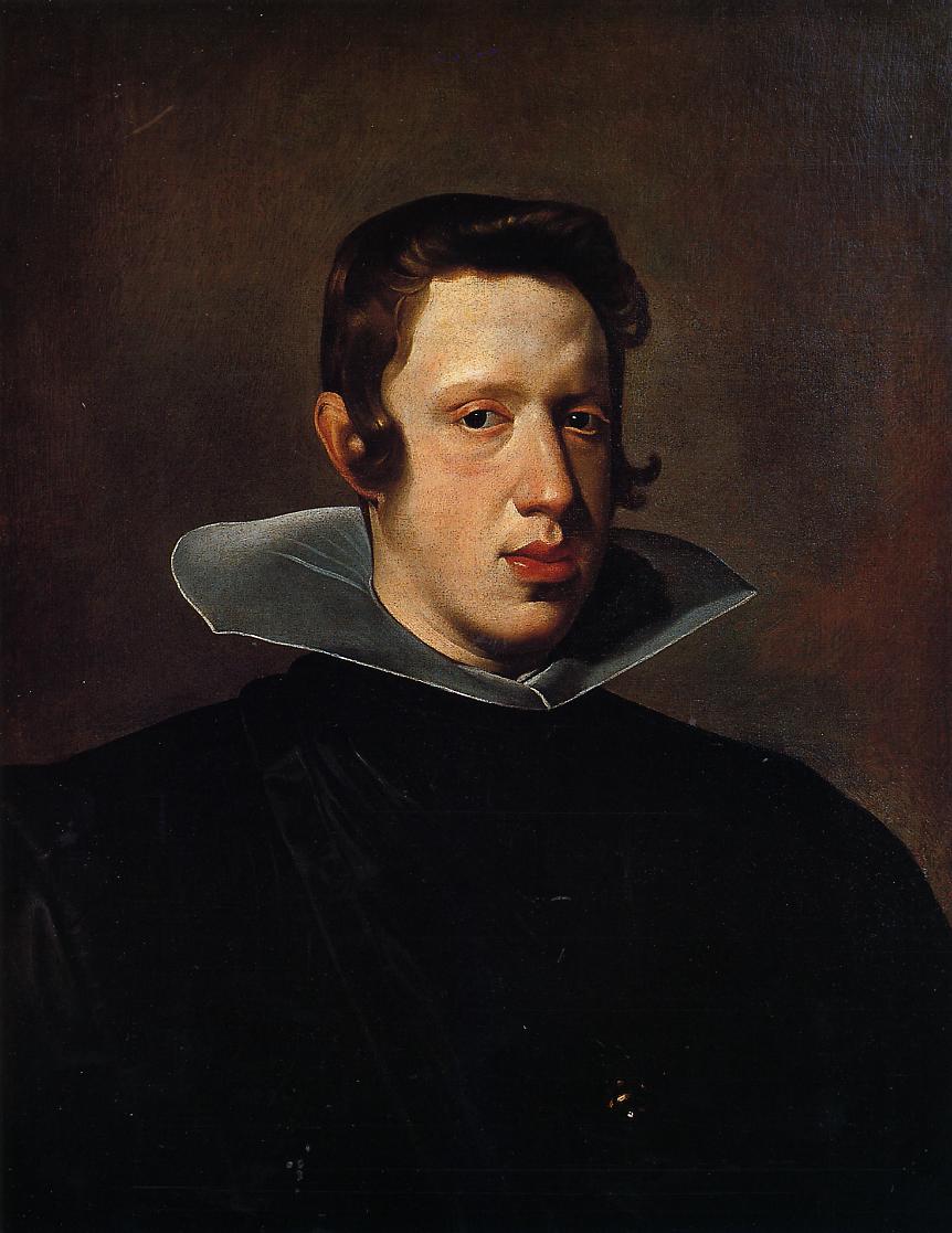 Bust-length three-quarter portrait of the young Philip IV in a dark garment with a high, angular white collar, his head turned toward left and lit from that side against a warm brown background; painted by Diego Velazquez in 1624.