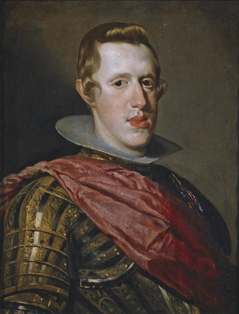 Bust-length portrait of Philip IV turned three-quarters, wearing gilded ceremonial armor and a rose-red sash with a bright steel gorget; his pale face is lit against a warm neutral background, painted by Diego Velazquez in 1628.