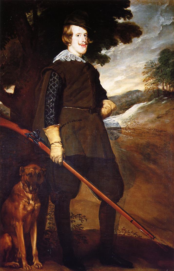 Full-length outdoor portrait of Philip IV in brown hunting attire and hat, holding a long gun with a seated hound at his side; a large tree frames him while a stream and distant hills recede under a bright, clouded sky.