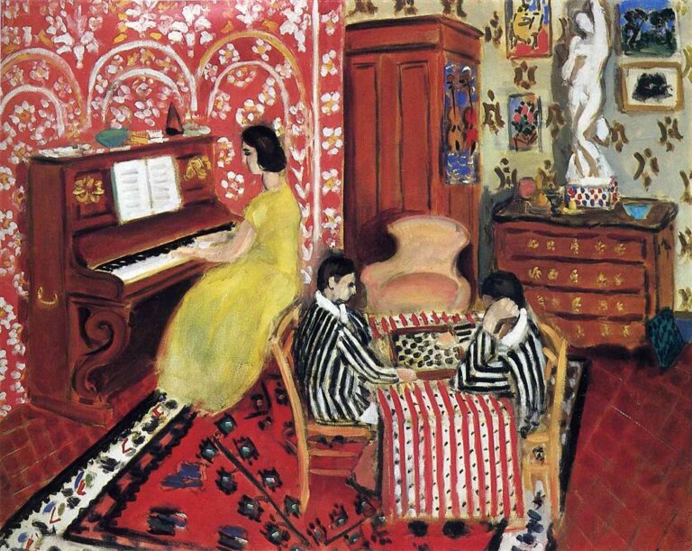 In a richly patterned room, a woman in a yellow dress plays an upright piano against a red floral wall while two boys in black-and-white striped jackets concentrate over a checkerboard at a small table; a red carpet, tiled floor, ochre wallpaper, and a chest of drawers with a white statuette complete the calm, sunlit interior.