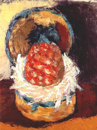 An opened wicker basket holds a red-orange pineapple nestled in pale shavings; teal accents edge the rims, a warm tabletop crosses the bottom, and a dark background frames the glowing fruit; painted by Henri Matisse in 1926.