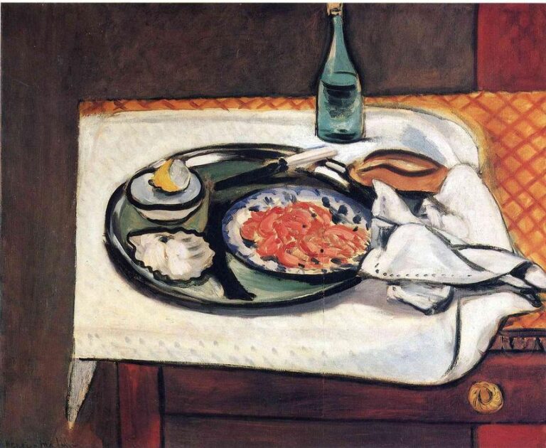 White-draped table with a deep green oval platter holding a blue-rimmed plate piled with pink shrimp, a lemon wedge on a saucer, a shell-like form, a brown piece of bread or scoop, a folded napkin and utensils, and a slender green bottle against a mustard patterned band; still life by Henri Matisse.
