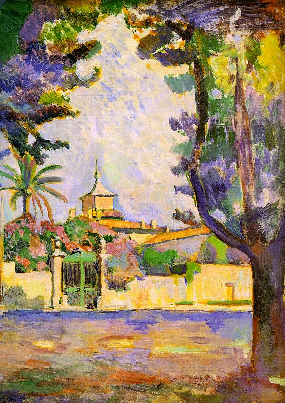Henri Matisse, “Place des Lices, St. Tropez” (1904): sunlit yellow wall and green gate centered beneath a pale, textured sky, framed by dark pines and a palm; broad violet shadow across the foreground street; lively, visible brushwork.