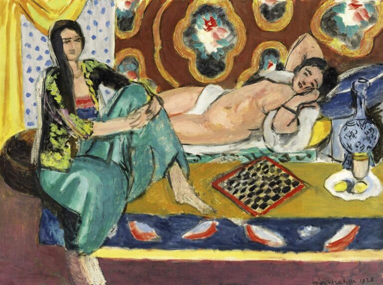 Interior with two women: one seated cross-legged in turquoise trousers, the other reclining on a divan; central ochre table with red-framed chessboard, blue decanter, small glass, and two lemons; ornamental wall with ochre and brown medallions, yellow drape at left; Henri Matisse, 1928.