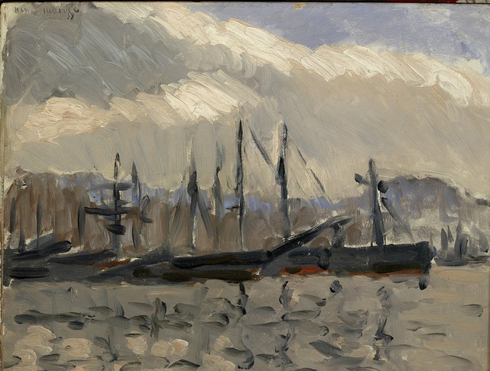 Harbor scene by Henri Matisse (1918) showing dark ship silhouettes and tall masts under layered gray clouds; rippled gray water with broken reflections and a low, cool horizon, painted with energetic brushstrokes and a restrained palette.
