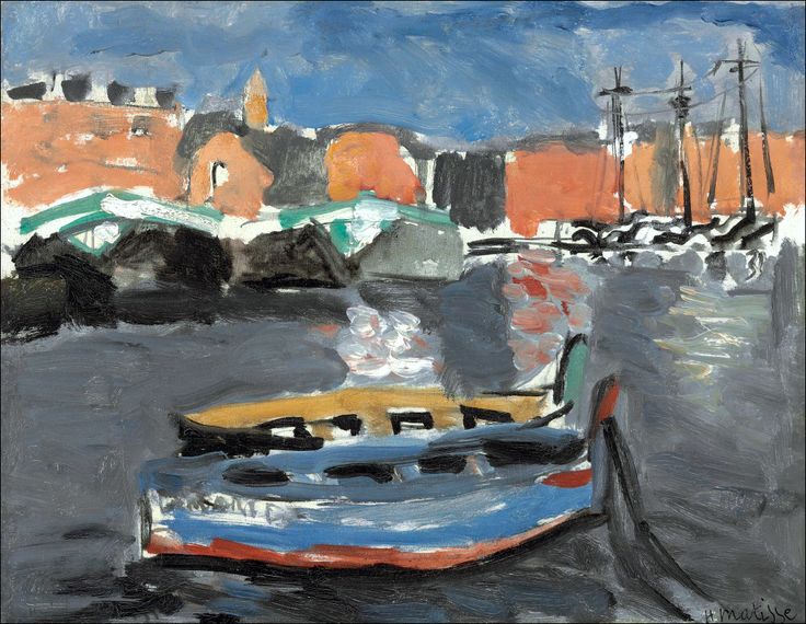 A Matisse harbor scene with a blue, red, and ocher boat cropped large in the foreground, gray rippling water with white reflections, a dark belt of wharf and arched bridge across the middle, warm red-orange city blocks behind, tall masts at right, and a chalky blue sky—forms outlined by strong black contours and broad brushstrokes.