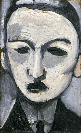 A narrow, close-up head-and-shoulders portrait by Henri Matisse showing critic George Besson with deep shadowed eye sockets, small dark moustache, and simplified features modeled in thick strokes of white, gray, and black against a cool neutral background.