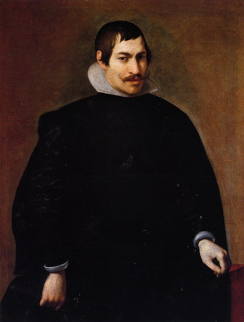 Three-quarter portrait of a man in black attire with a high white collar and pale cuffs, seated before a warm brown background, his head turned slightly left and hands relaxed near a red-draped support; painted by Diego Velazquez.