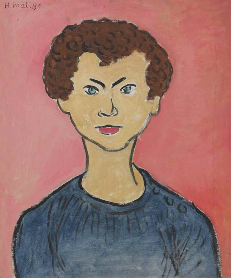 Front-facing bust portrait of a curly-haired boy with green eyes in a dark blue shirt, outlined in black against a flat pink background, painted in Matisse’s simplified Fauvist style.