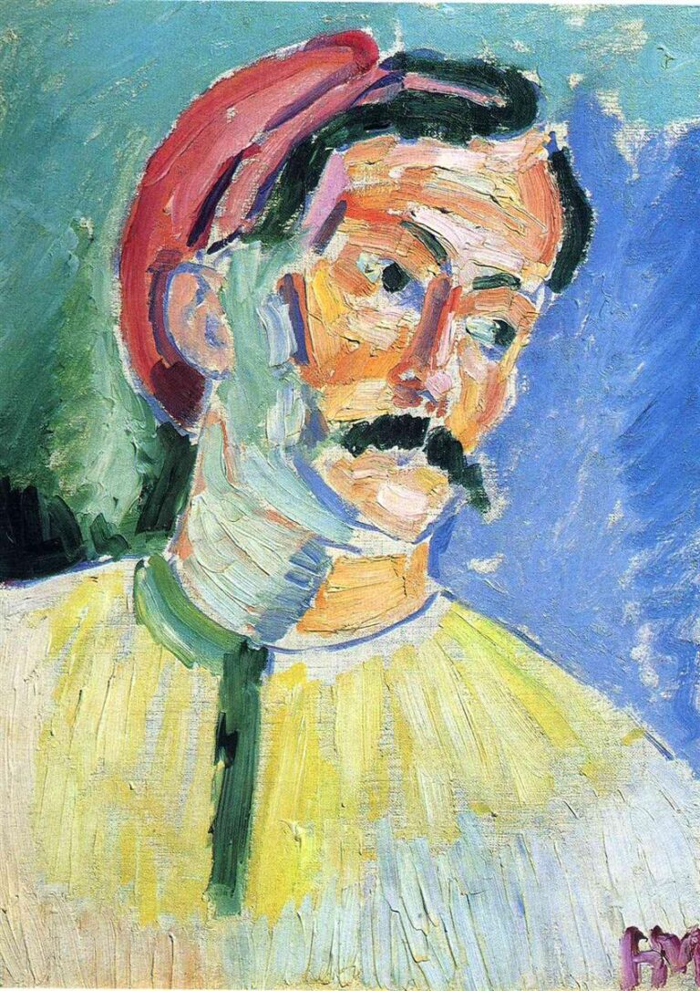 A Fauvist portrait by Henri Matisse of a mustached man in a red cap, head tilted left, face built from bold strokes of orange, mint, lilac, and blue, with strong black accents for hair and moustache and a yellow garment below, set against a split blue-green background.