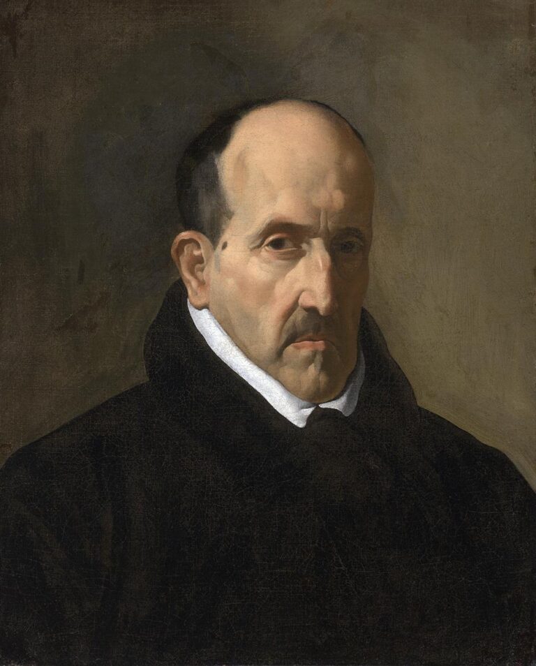 Half-length portrait of the poet Luis de Gongora in a dark robe with a high white collar, his bald head and intense gaze illuminated against a warm gray background in Velazquez’s 1622 painting.