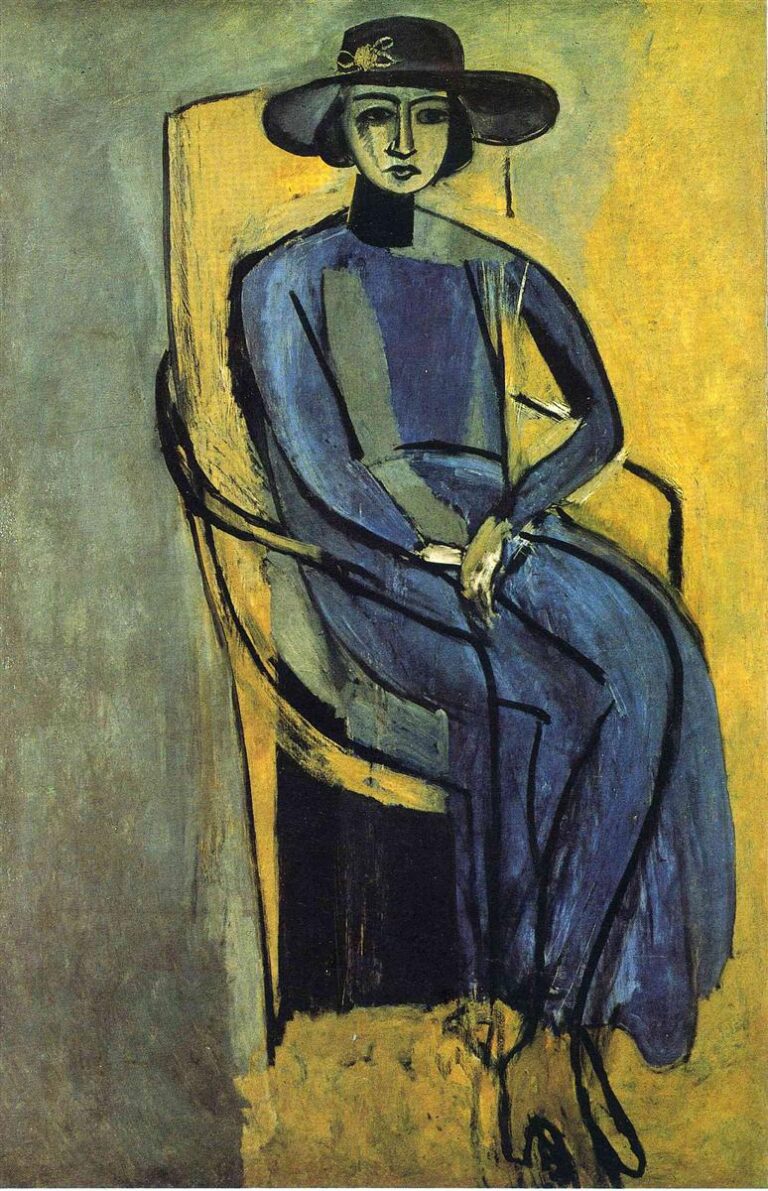 Seated woman in wide-brimmed hat and blue-violet dress outlined in black, posed in a yellow angular armchair against a two-tone olive and ocher background; hands clasped over a slender black staff, modern planar portrait by Matisse, 1916.