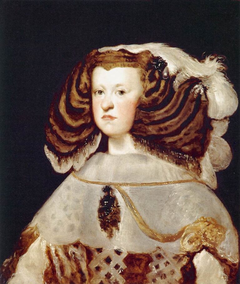Bust-length portrait of Queen Mariana against a dark background, her face calmly lit and framed by large side-wing hair with a gauzy veil and gold details, wearing a pale cape with a central pendant and a looped golden cord.