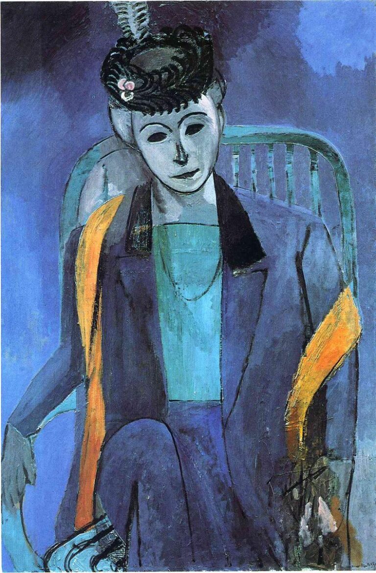 A seated woman in a blue jacket and skirt with a blue-green blouse and a black feathered hat sits before a cool blue background; two orange scarf-like bands fall over her sleeves, and her simplified pale face with dark almond eyes tilts slightly, painted in flat color planes and strong contours by Henri Matisse.