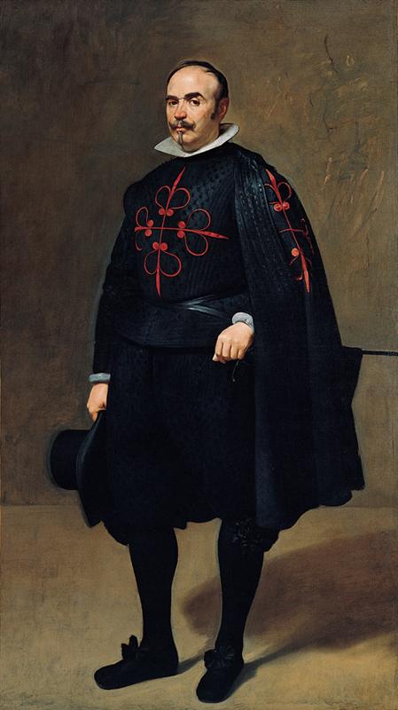 Full-length portrait of a Spanish courtier in black attire with white collar and cuffs, a red floriated cross on chest and cloak, holding a hat in one hand with a sword at his side, standing against a plain brown background.